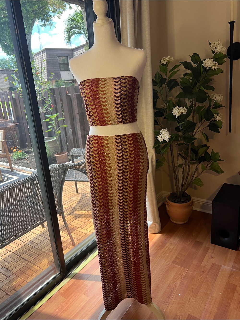 SHEIN Rust Multi Striped Knit Maxi Skirt & Tube Top Set